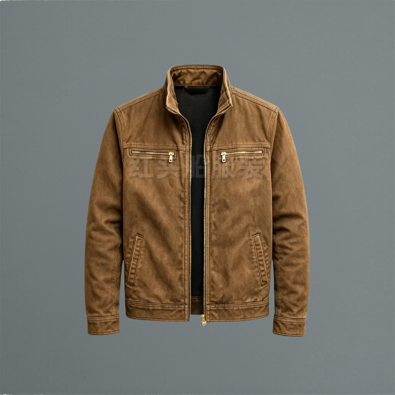 Brown cotton jacket with stand collar and gold-tone zip fastenings, front view