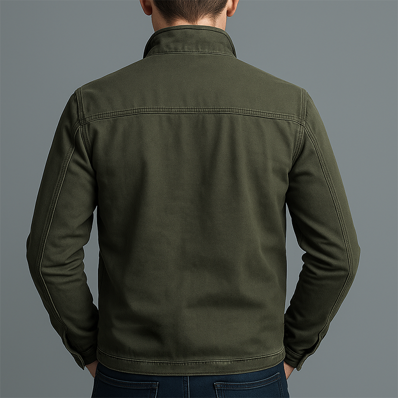 Rear view of olive green cotton jacket highlighting seam detailing and fit