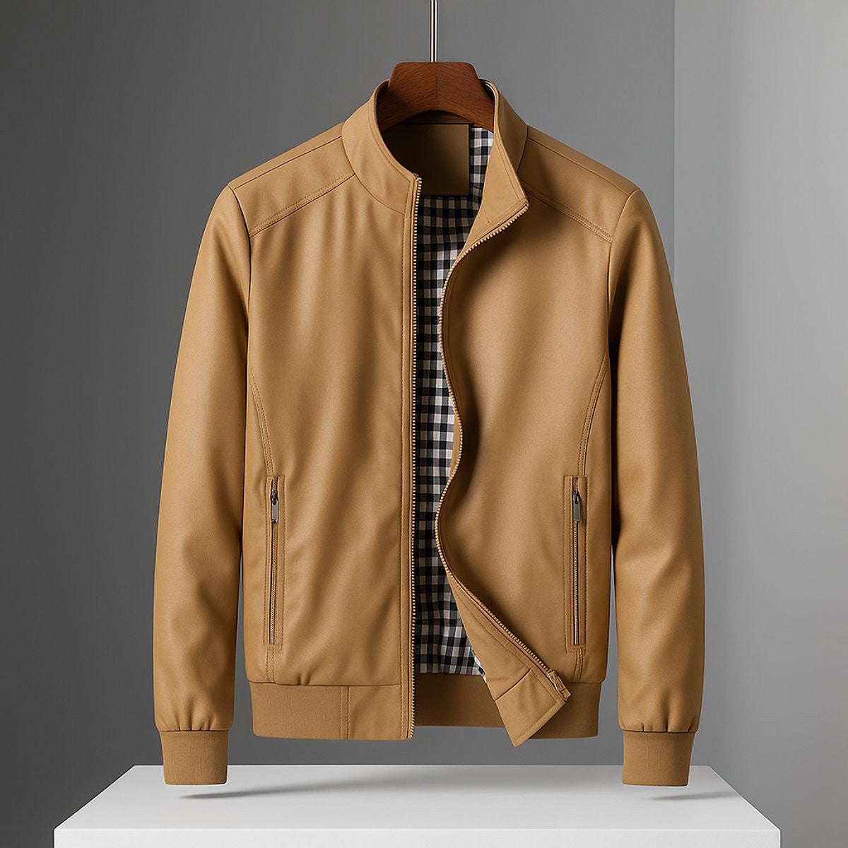 Camel bomber jacket with stand collar and gingham lining, hung on wooden hanger
