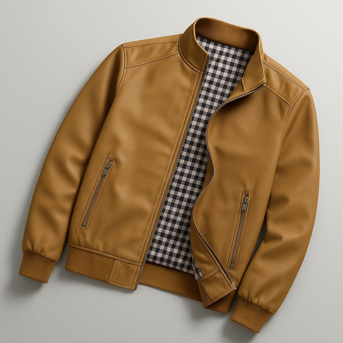 Camel zip-up bomber jacket laid flat, revealing gingham check lining