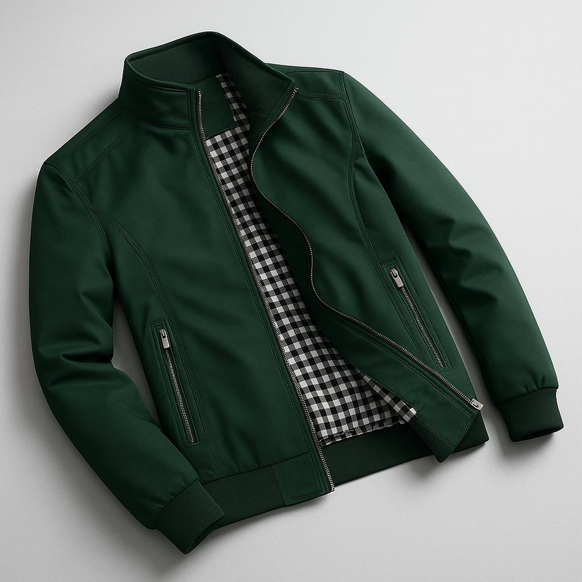 Dark green wind-resistant bomber jacket laid flat with checked inner lining