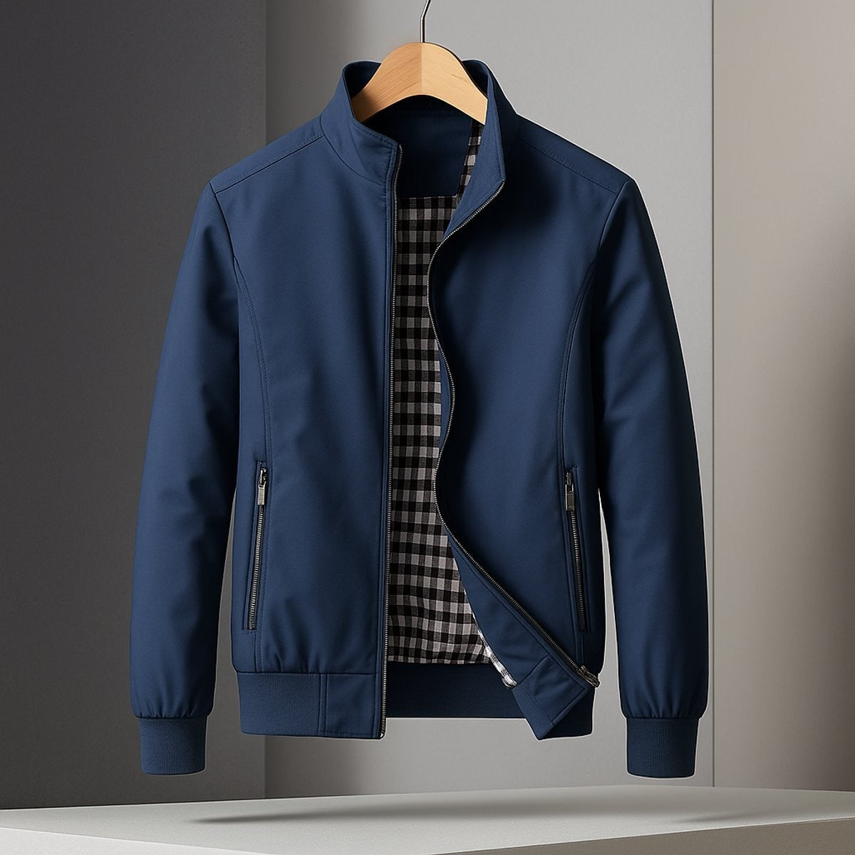 Navy bomber jacket featuring stand-up collar and contrast gingham lining