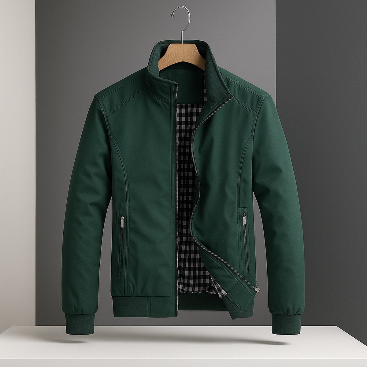 Forest green zip-up bomber jacket displayed on hanger with checked lining