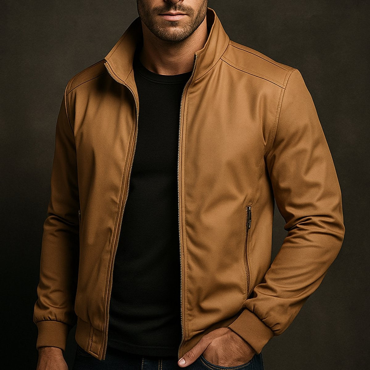 Man wearing camel bomber jacket with stand collar over black t-shirt