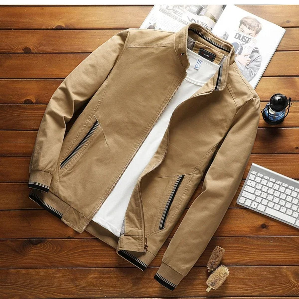 Khaki men's bomber jacket with stand-up collar and ribbed cuffs
