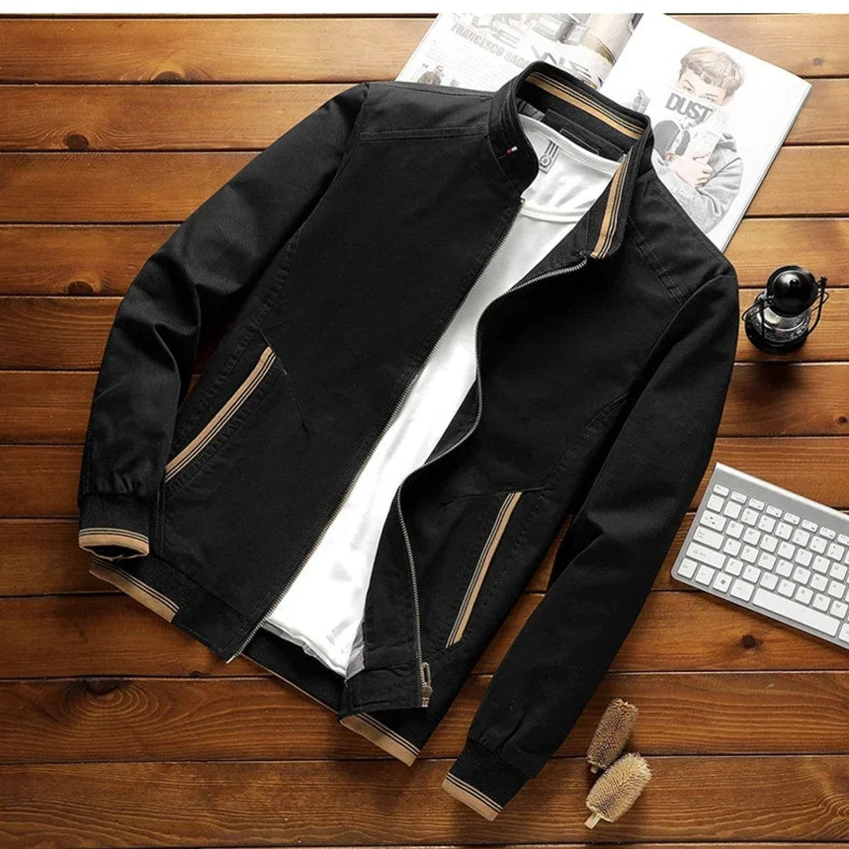 Black men's bomber jacket with contrast striped trim and zip fastening