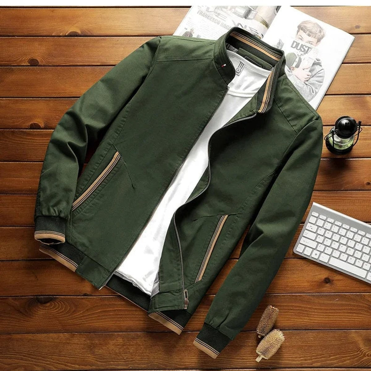 Olive green bomber jacket with stand-up collar and striped ribbing