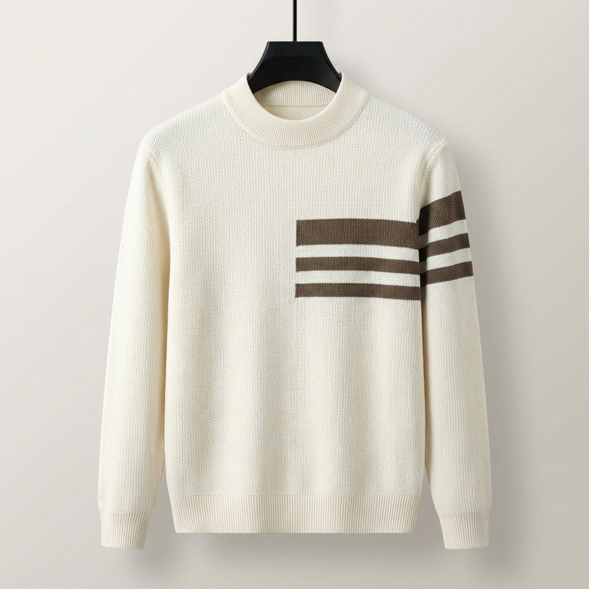Cream knitted crewneck jumper with brown striped chest and sleeve detail