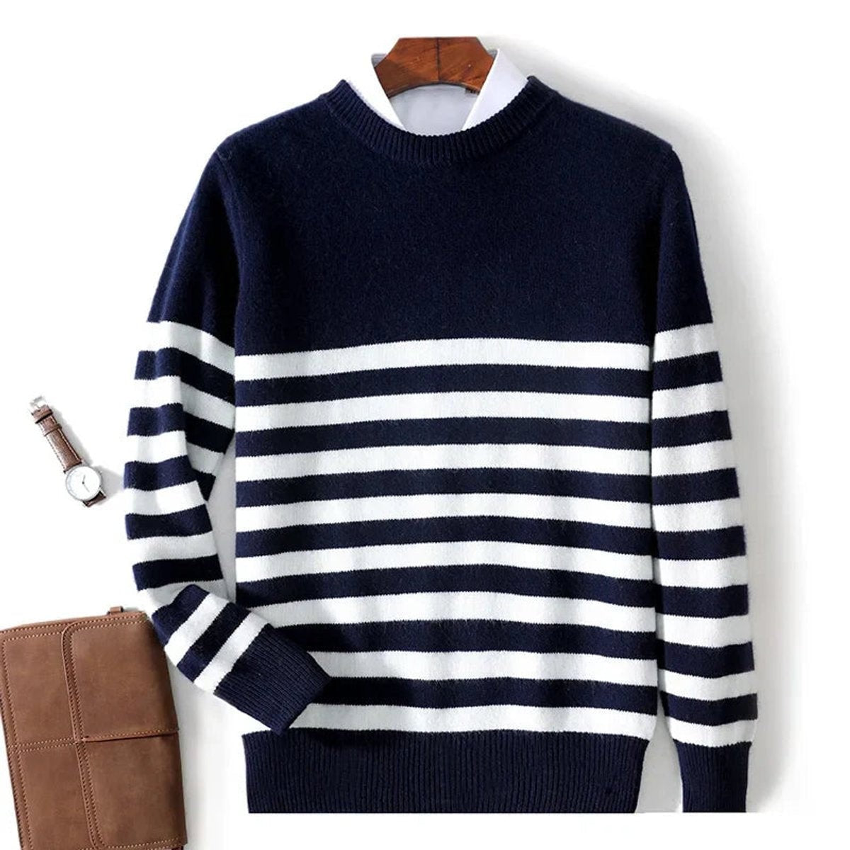 Navy jumper with white stripes and ribbed crew neck, styled with shirt collar