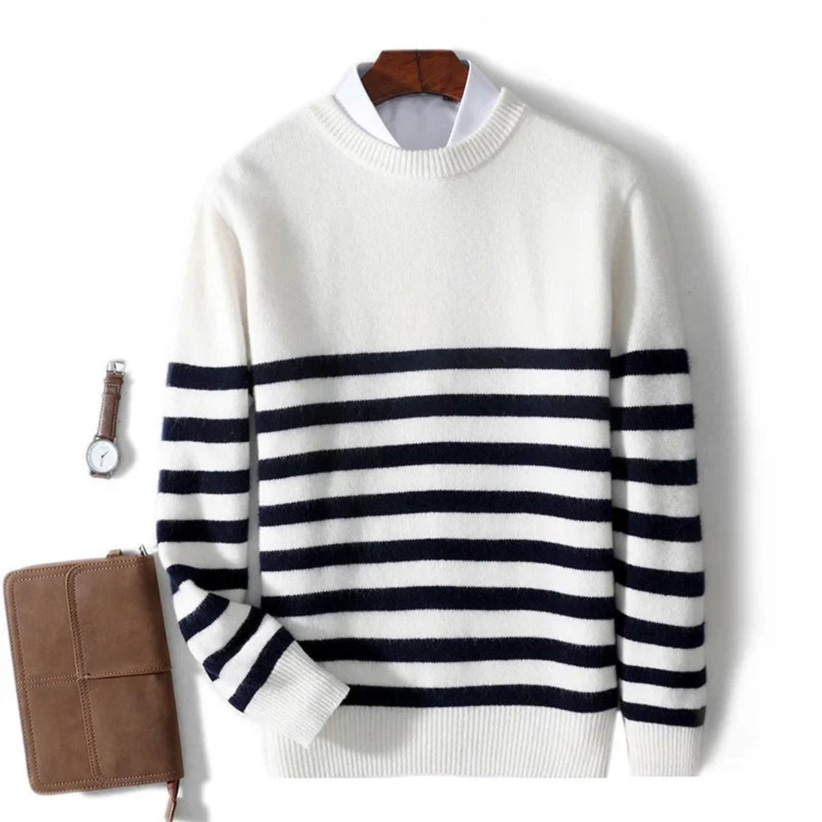 Cream jumper featuring navy stripes and ribbed crew neckline, layered look