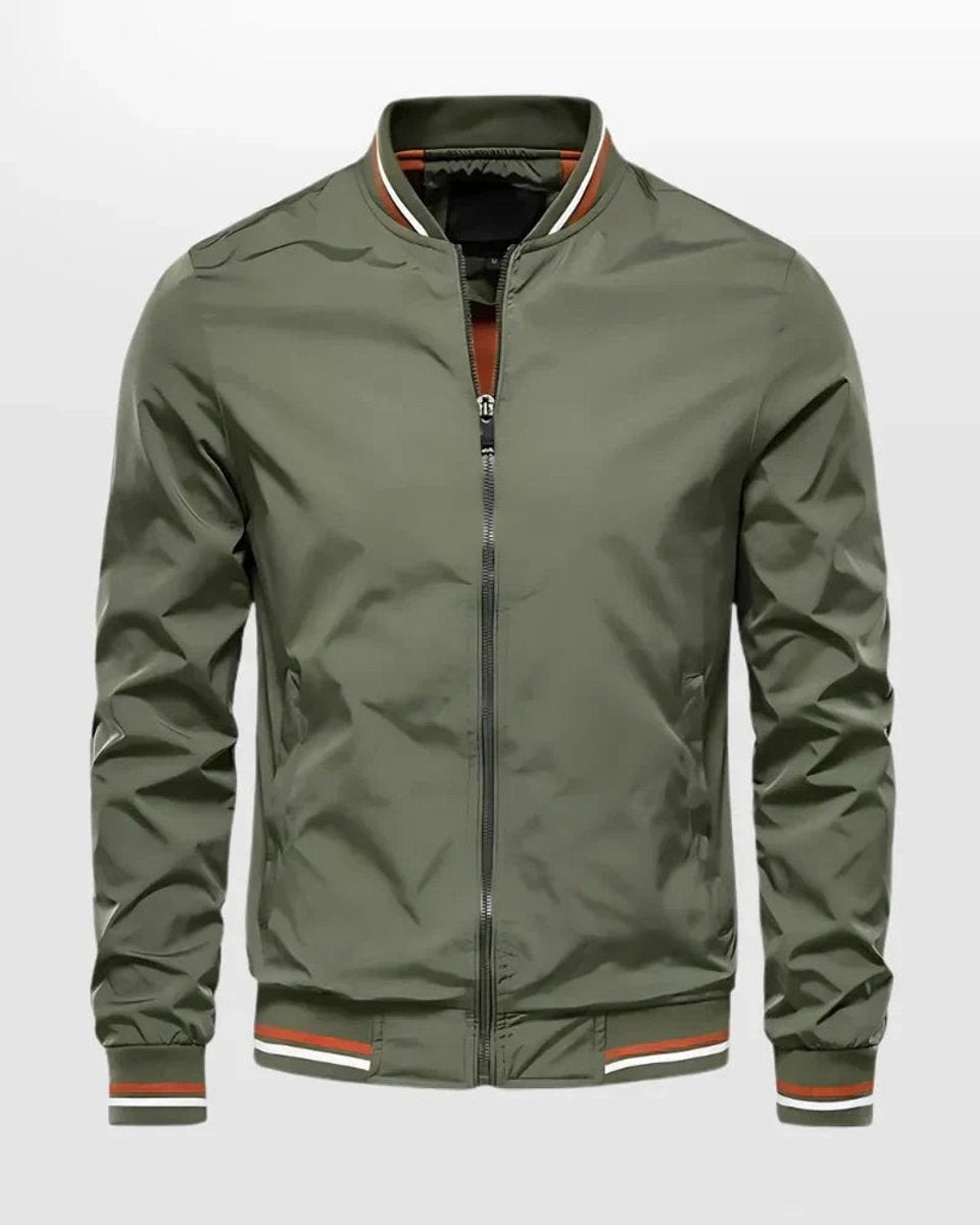 Khaki green bomber jacket with striped ribbed cuffs and stand collar