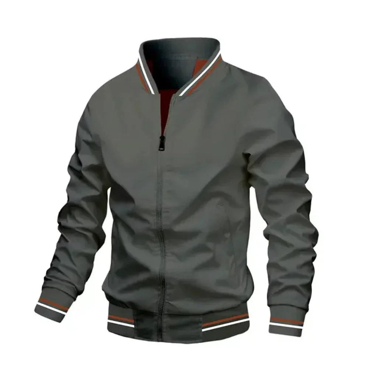 Charcoal grey bomber jacket with striped ribbed cuffs and red lining