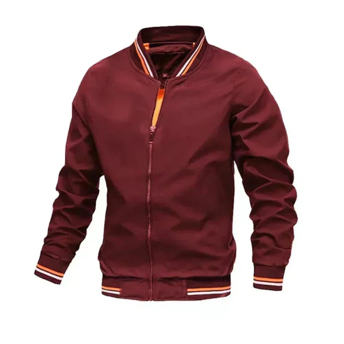 Burgundy bomber jacket with orange-striped ribbed cuffs and collar