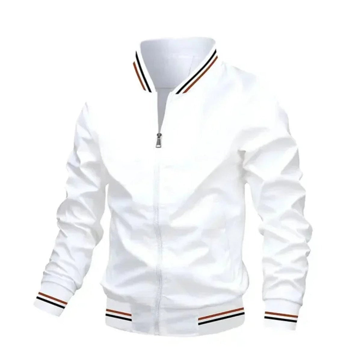 White lightweight bomber jacket with striped ribbed cuffs and hem