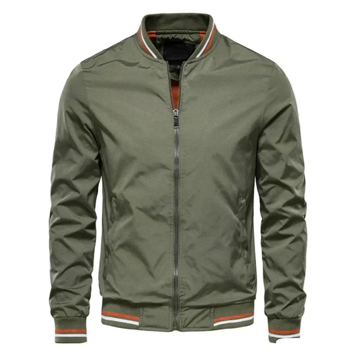 Men's olive green bomber jacket featuring orange-striped ribbed trims