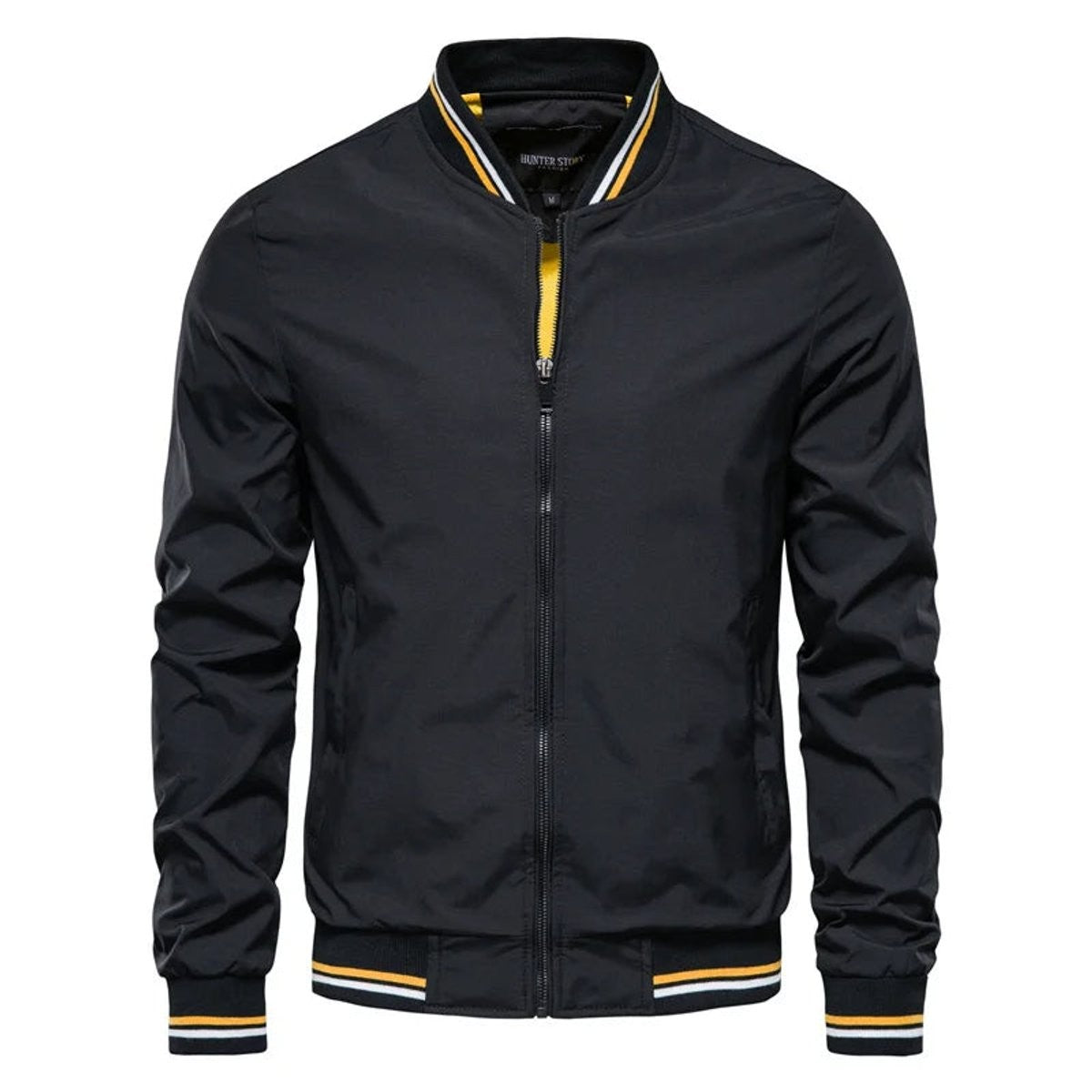 Black bomber jacket with ribbed collar and yellow-striped trim detailing