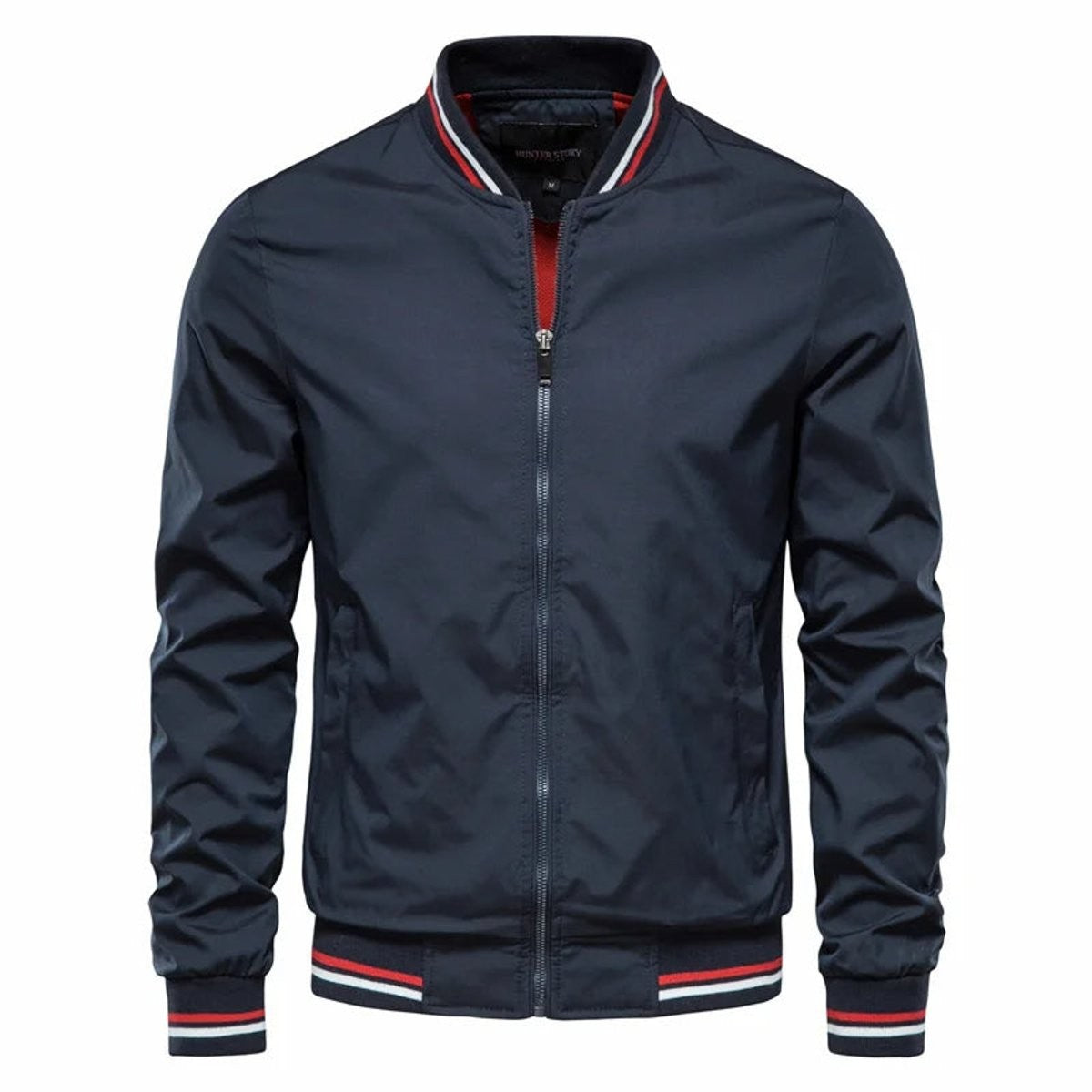 Navy bomber jacket featuring red and white striped ribbed cuffs
