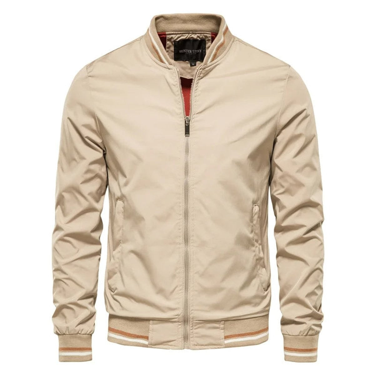 Beige zip-up bomber jacket with striped ribbed collar and hem