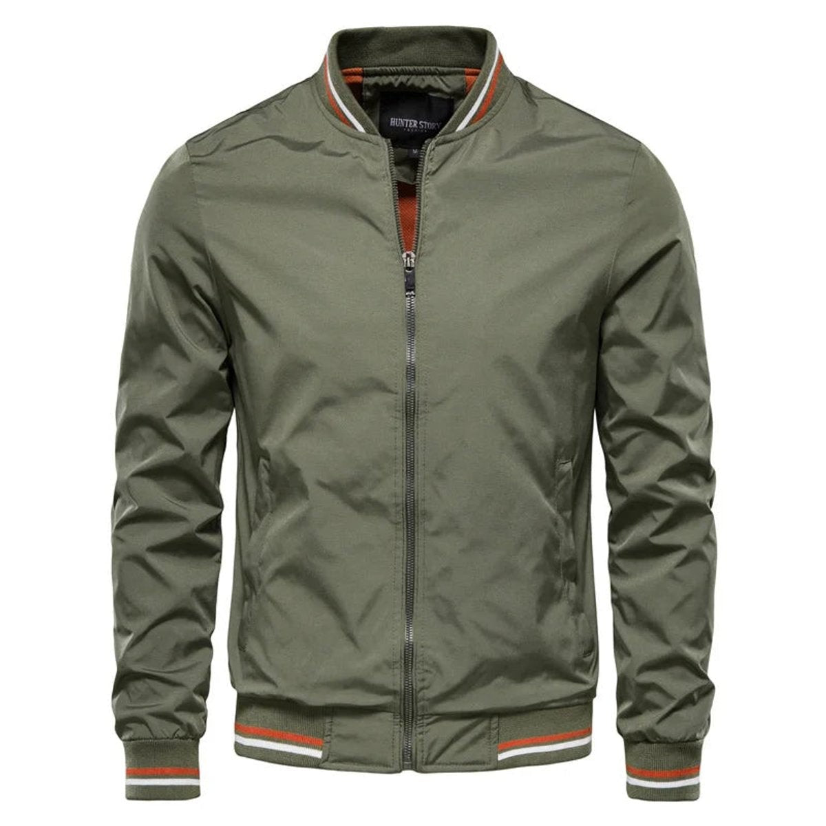 Olive green bomber jacket with orange and white striped ribbing