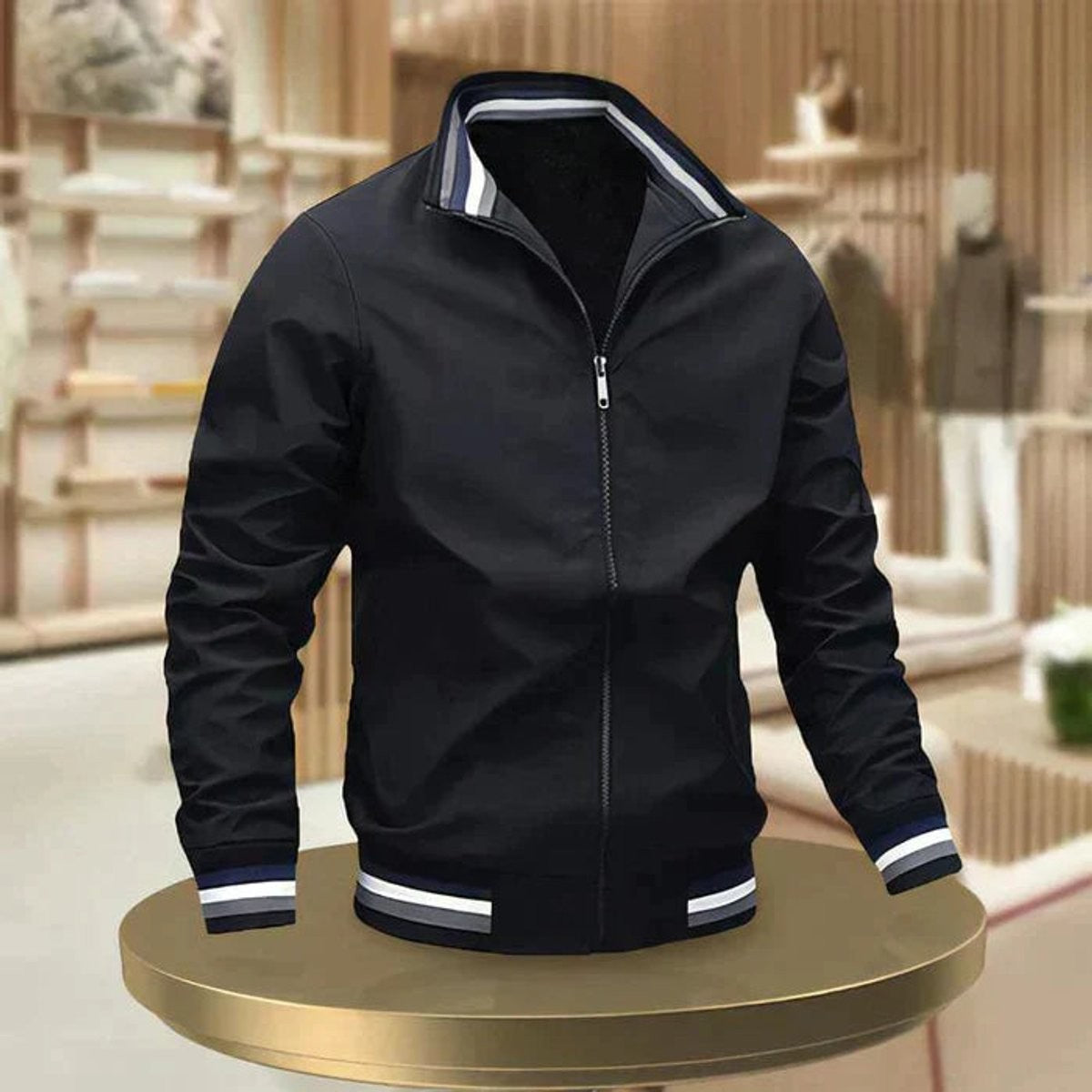 Black men's zip-up bomber jacket with striped funnel collar and cuffs