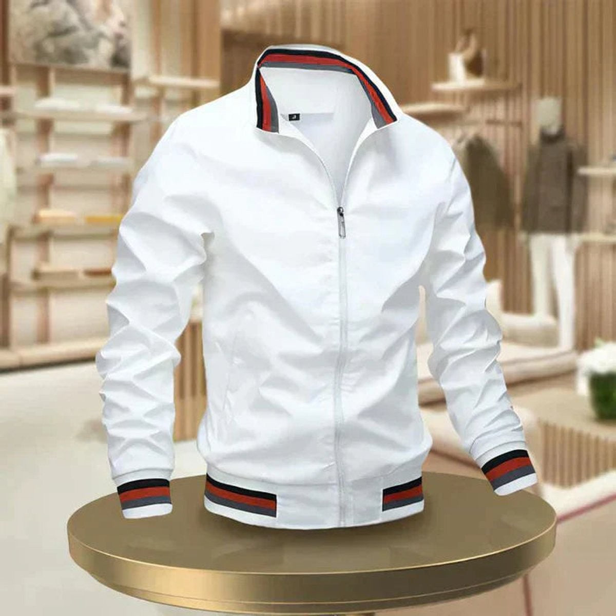 White men's casual bomber jacket featuring striped ribbed trim detailing