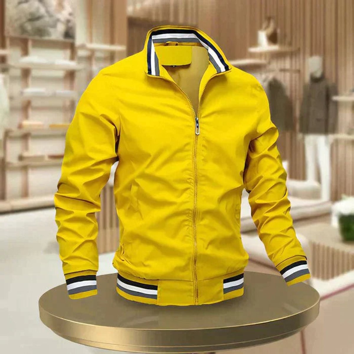 Yellow zip-up bomber jacket with contrast striped collar and cuffs