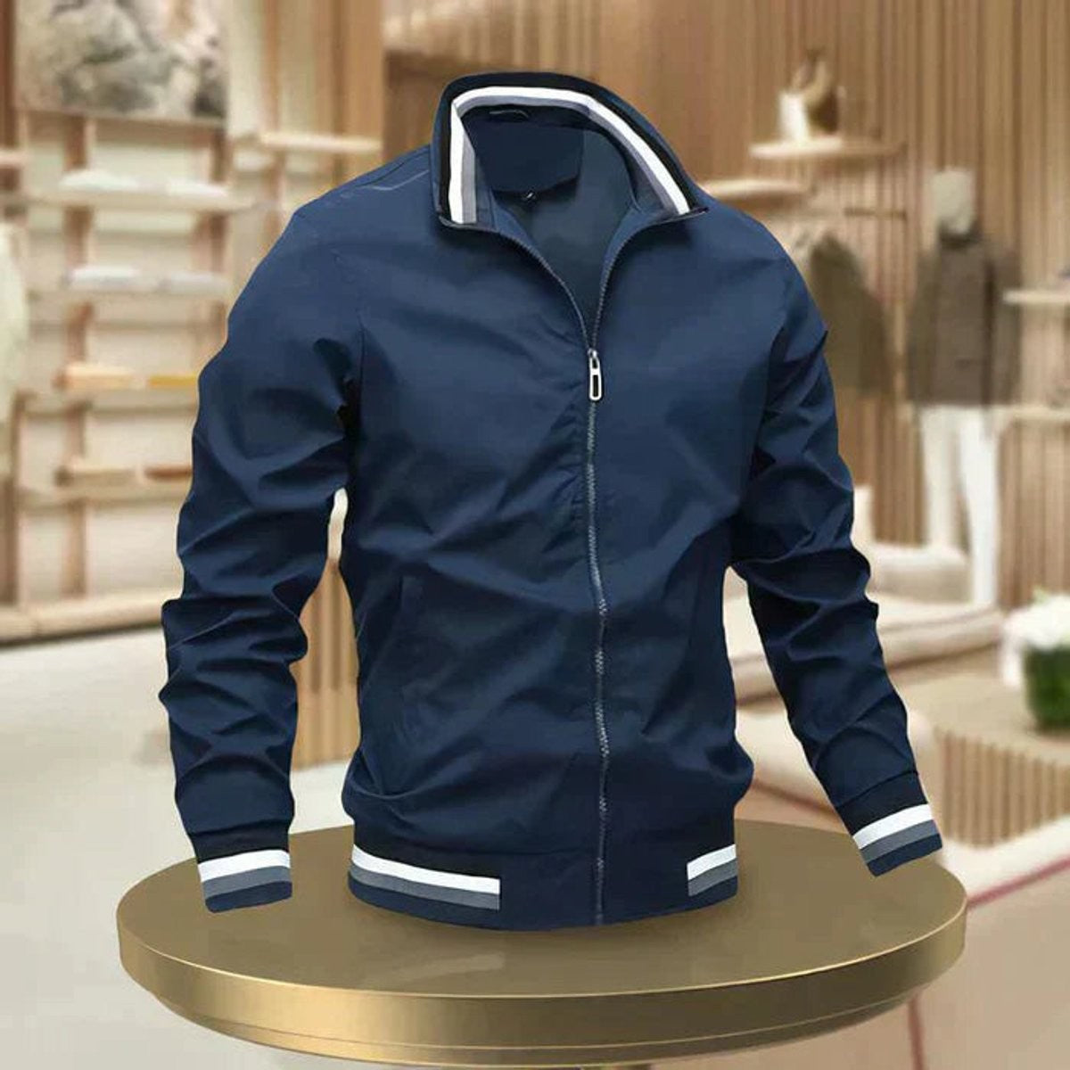 Navy men's bomber jacket showing striped ribbed hem and cuffs