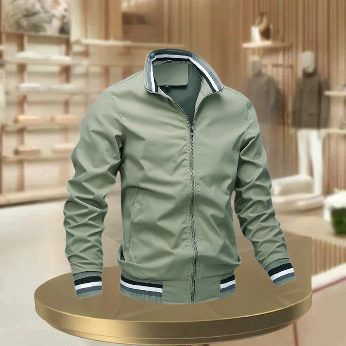 Sage green casual bomber jacket with striped funnel collar detailing