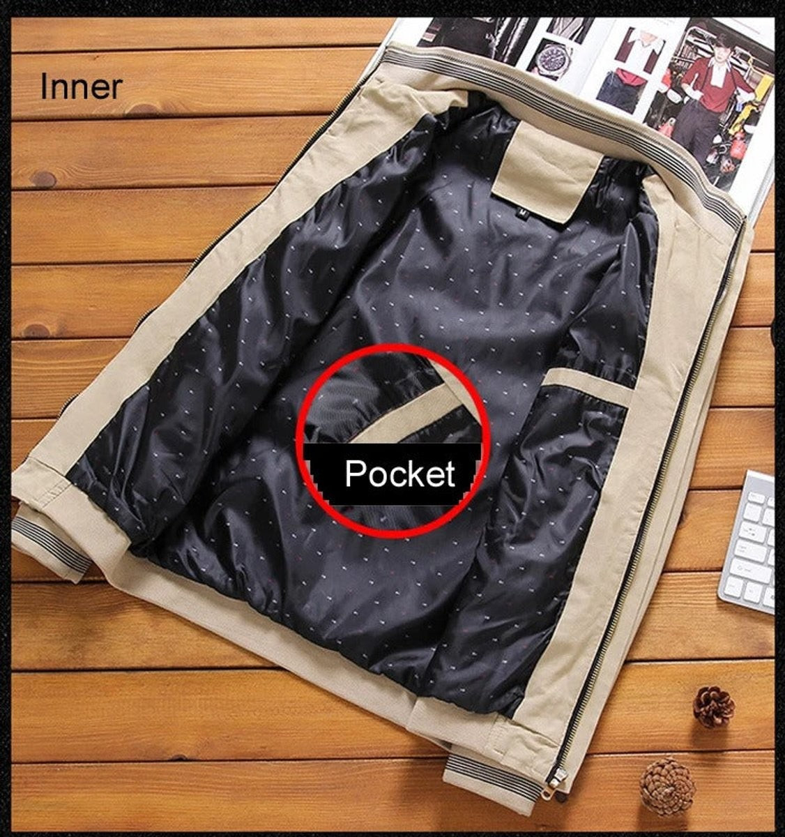 Open beige bomber jacket revealing patterned inner lining and hidden pocket