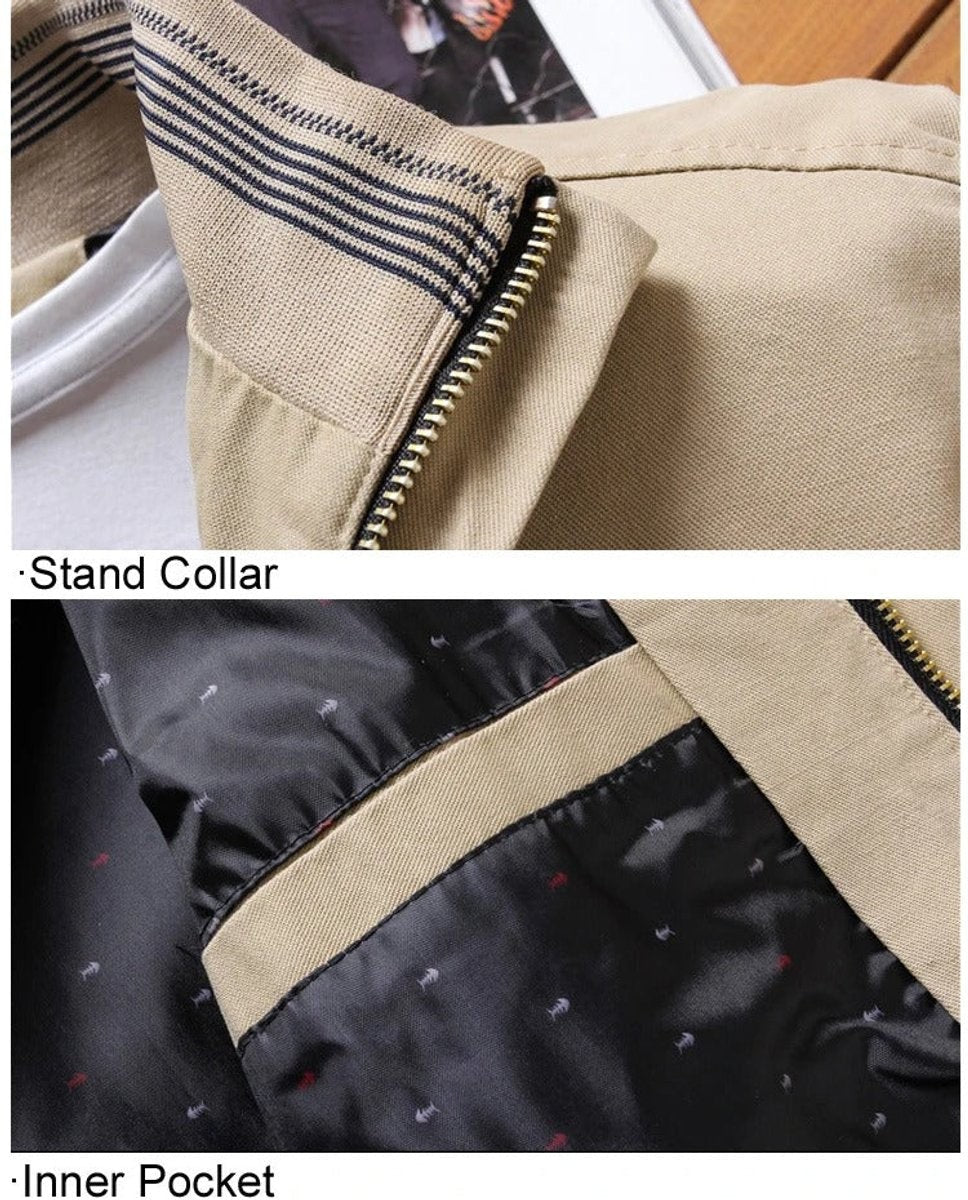Detail shot of striped stand collar and inner pocket on khaki bomber jacket