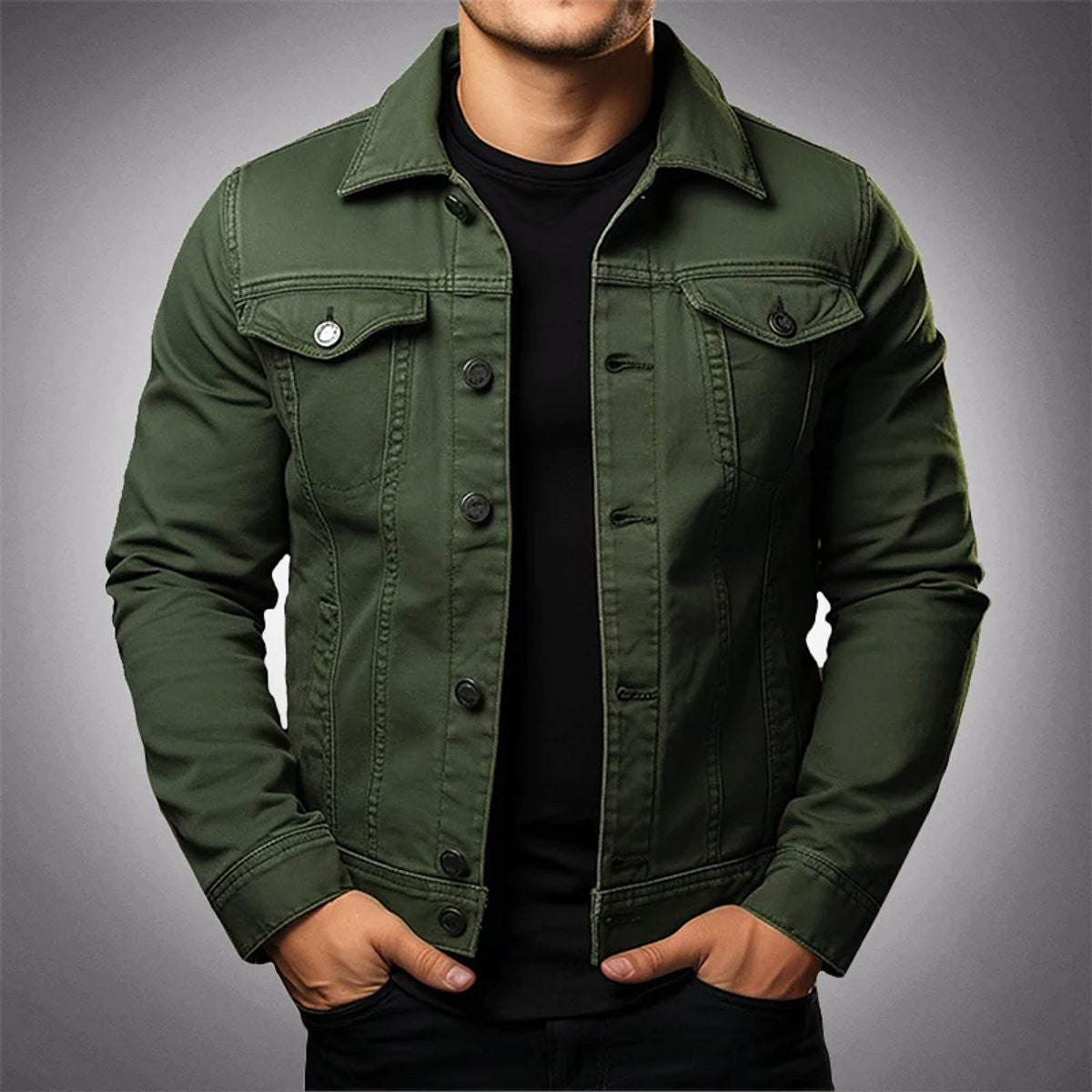Men's khaki green structured denim jacket with button-front closure and chest pockets