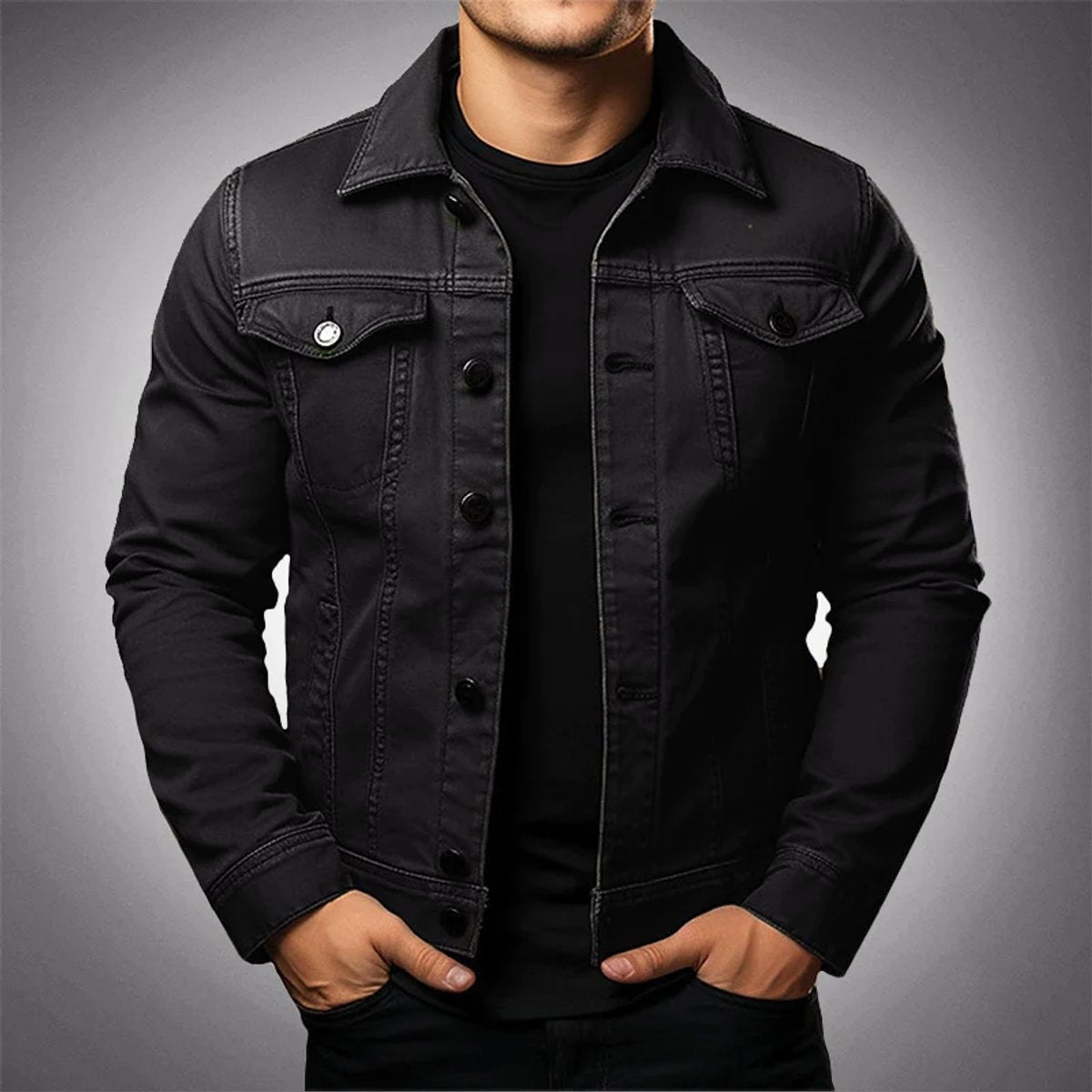 Black structured denim jacket for men featuring classic collar and button-front design