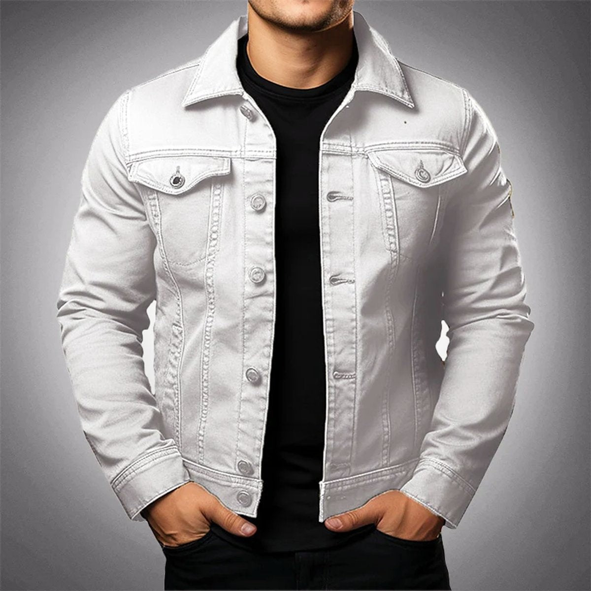 White structured denim jacket with button-front fastening and twin chest pockets, men's