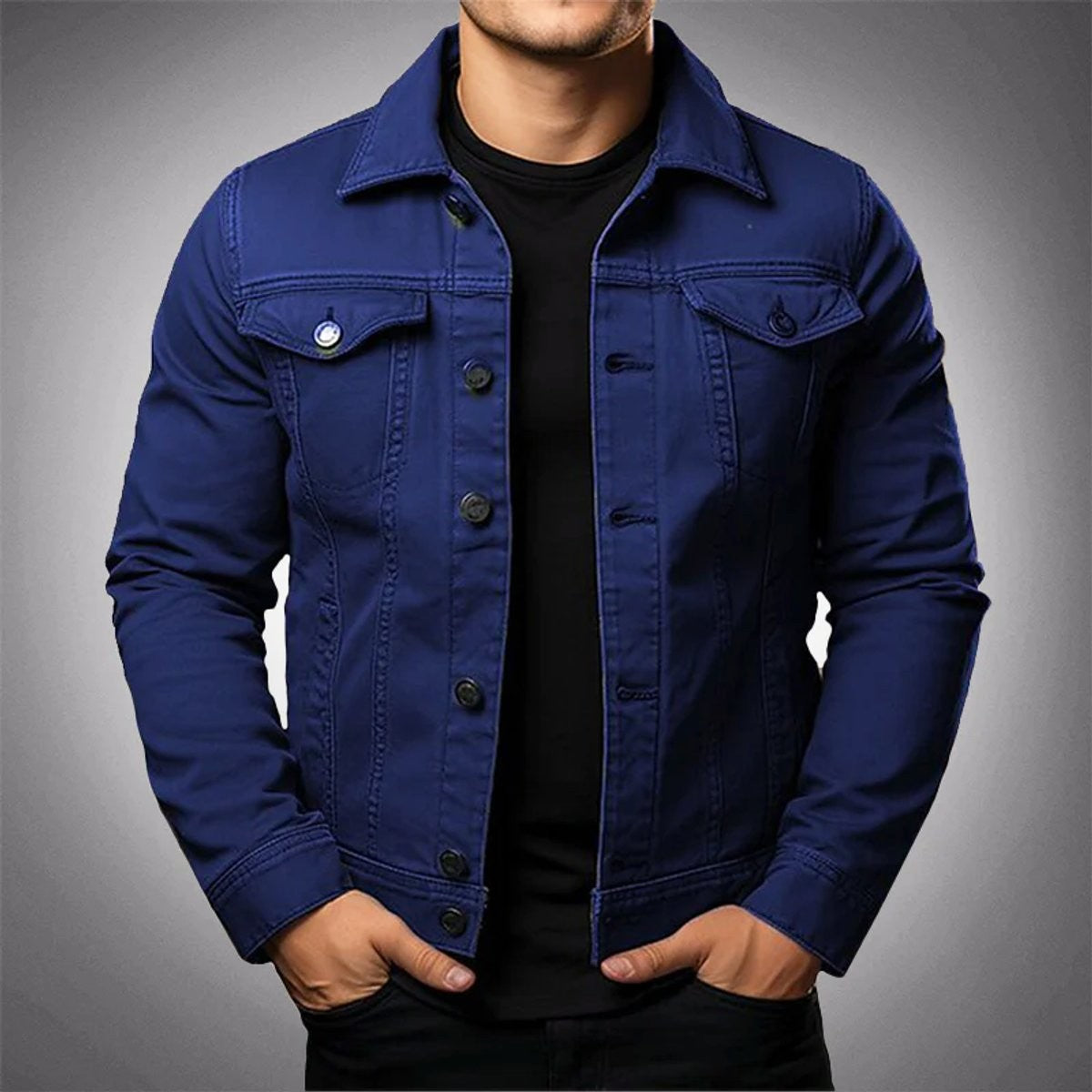 Navy blue men's structured denim jacket showcasing button-front style and flap pockets