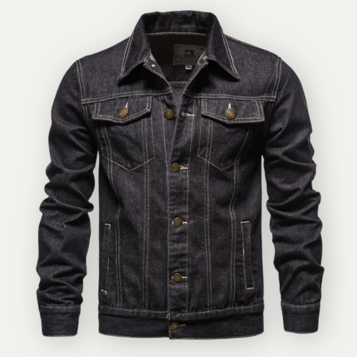 Men's black denim jacket with contrast stitching and button chest pockets