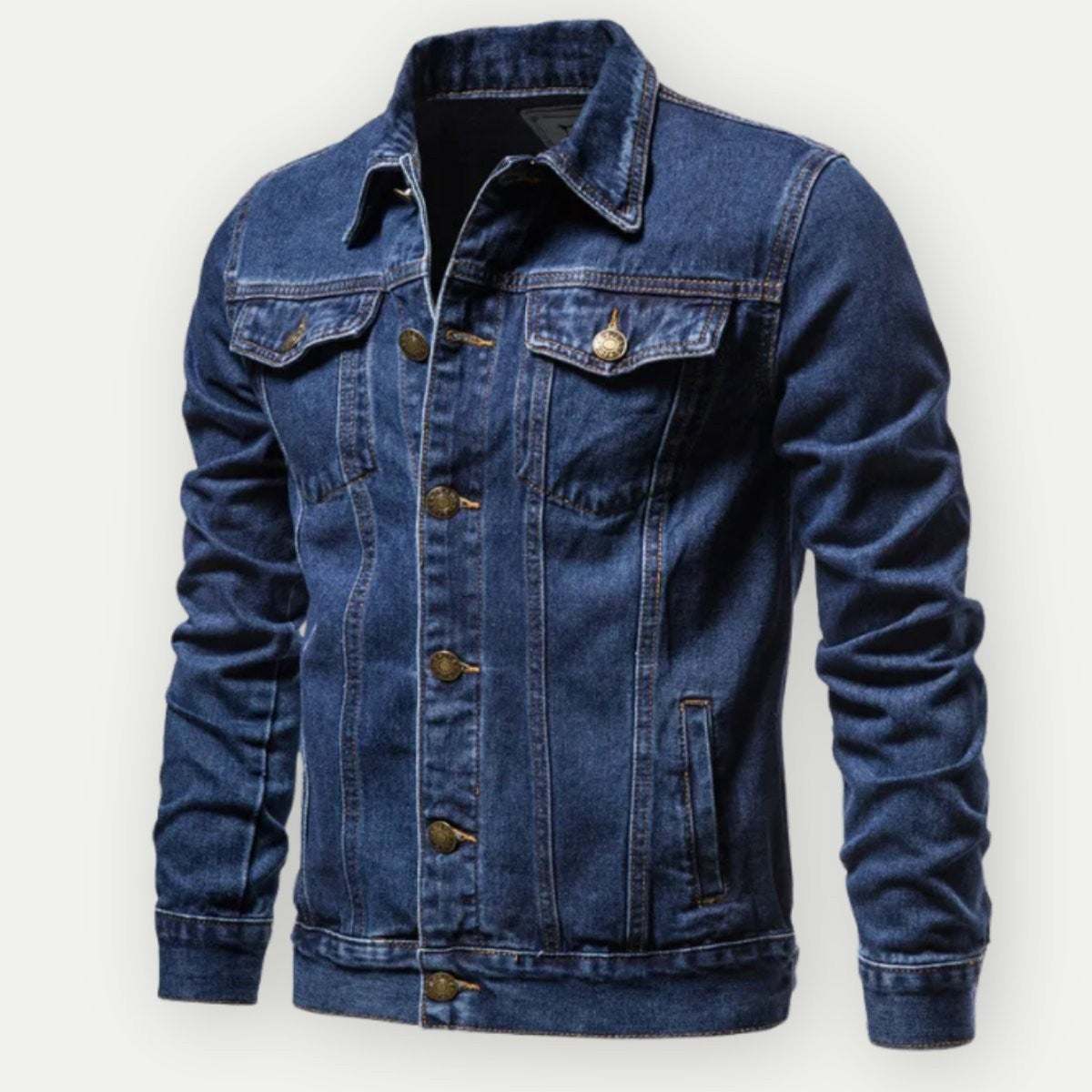 Dark wash denim jacket with brass buttons and classic point collar