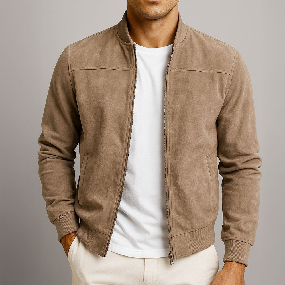Men's taupe suede jacket with ribbed collar and zip fastening