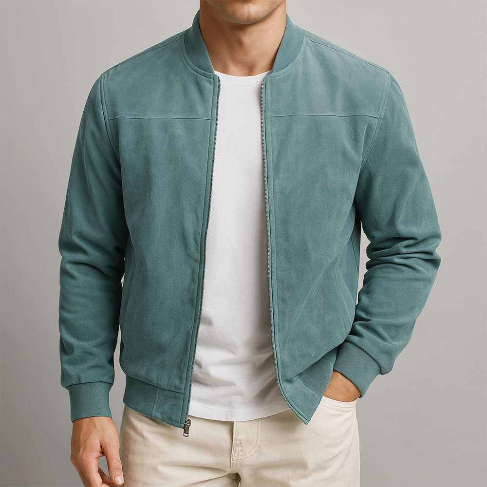 Sage green suede bomber jacket with ribbed cuffs and hem