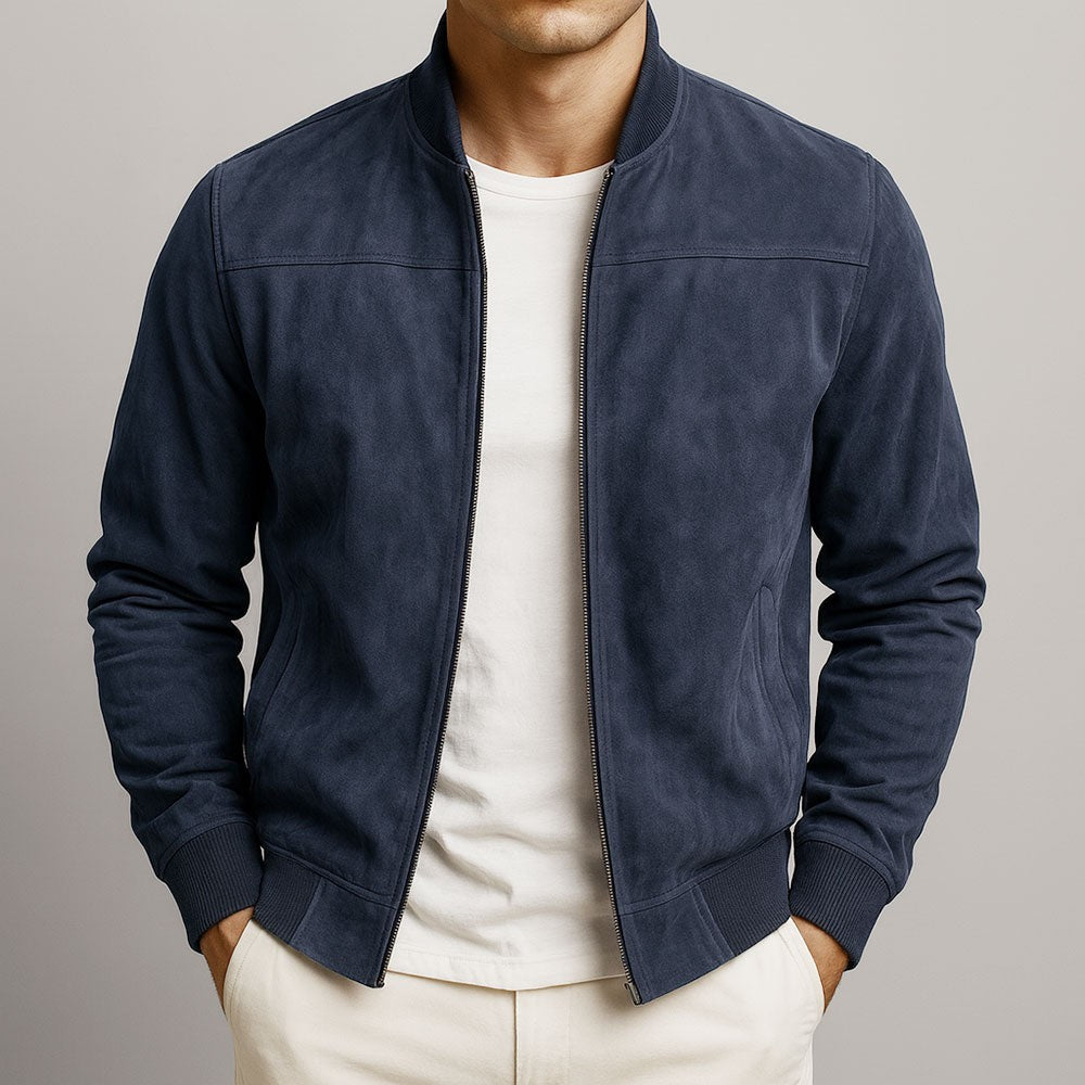 Navy suede bomber jacket with silver zip and ribbed trims