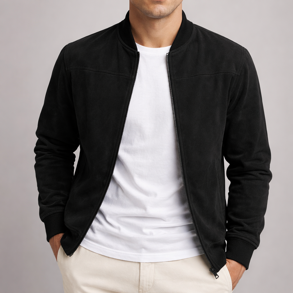 Black suede jacket worn open, showing soft textured finish