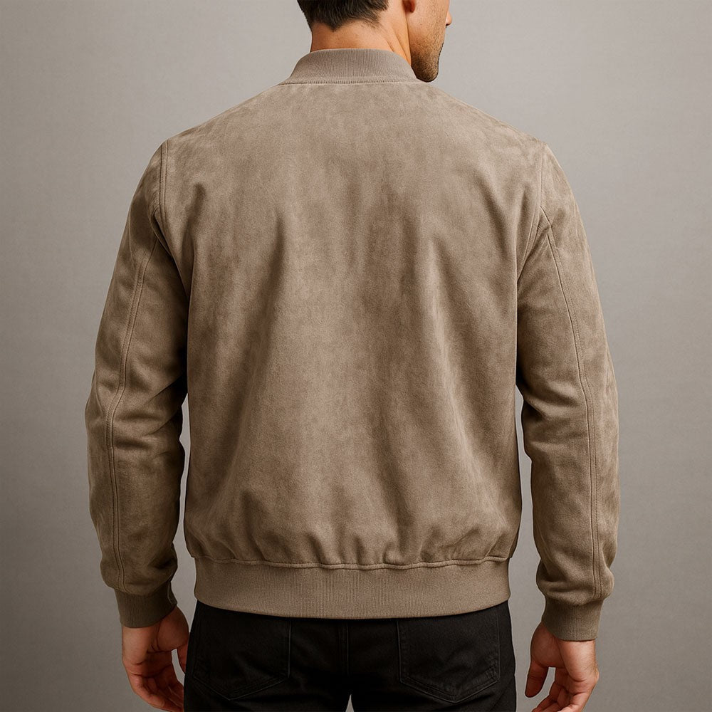 Rear view of taupe suede bomber jacket with ribbed hem