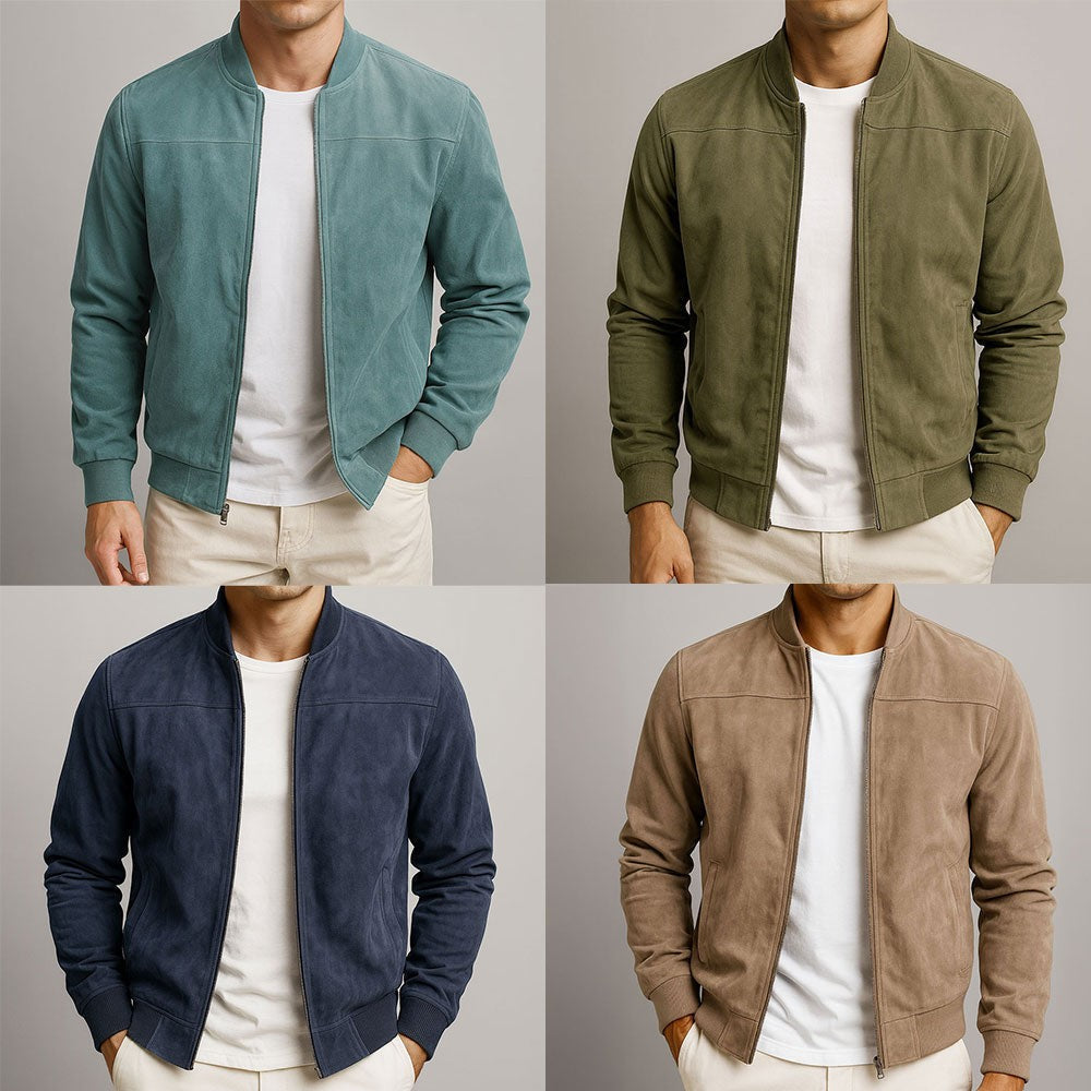 Four colourways of men's suede bomber jacket, teal, olive, navy and taupe