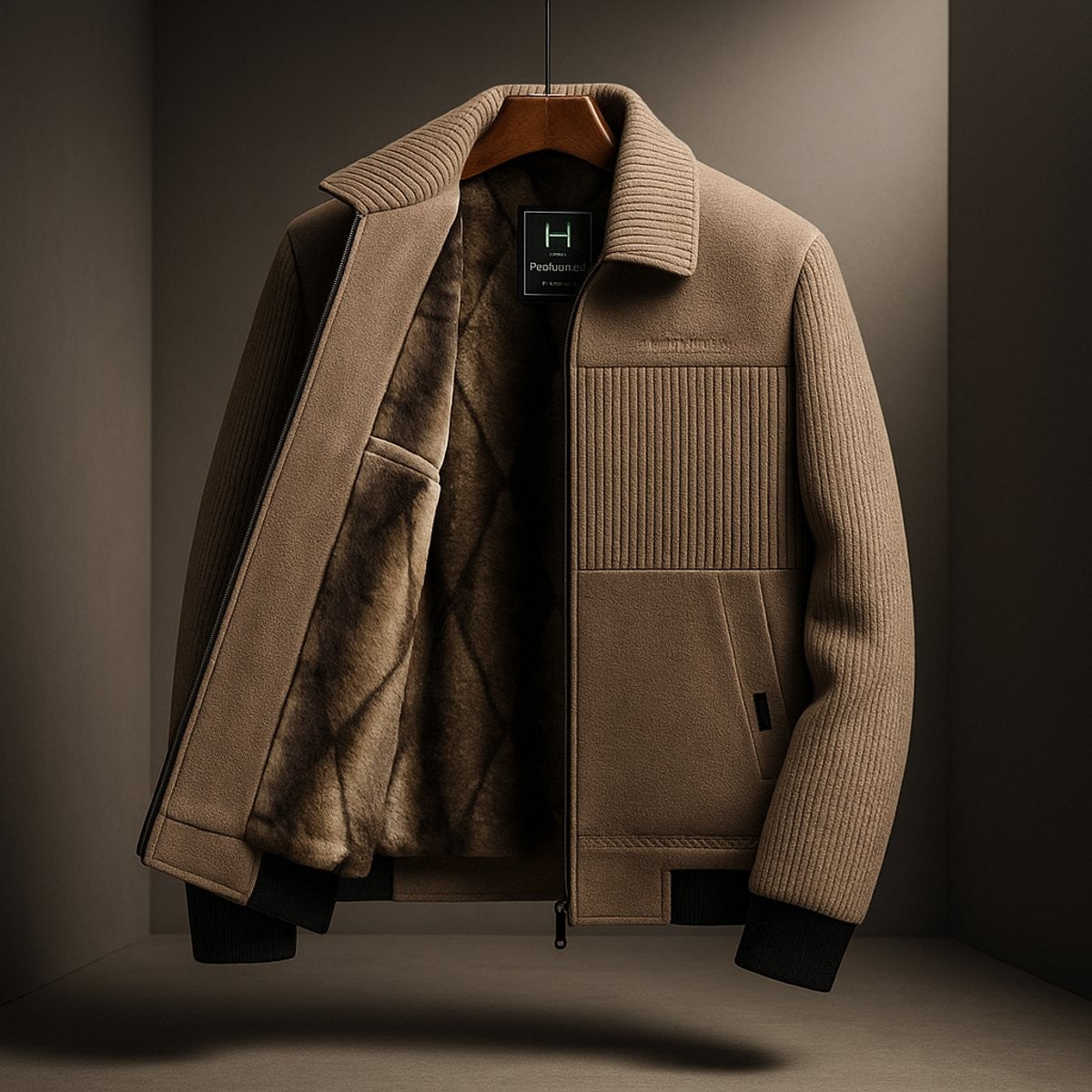 Camel bomber jacket with ribbed cuffs and faux-fur lining, hung on wooden hanger