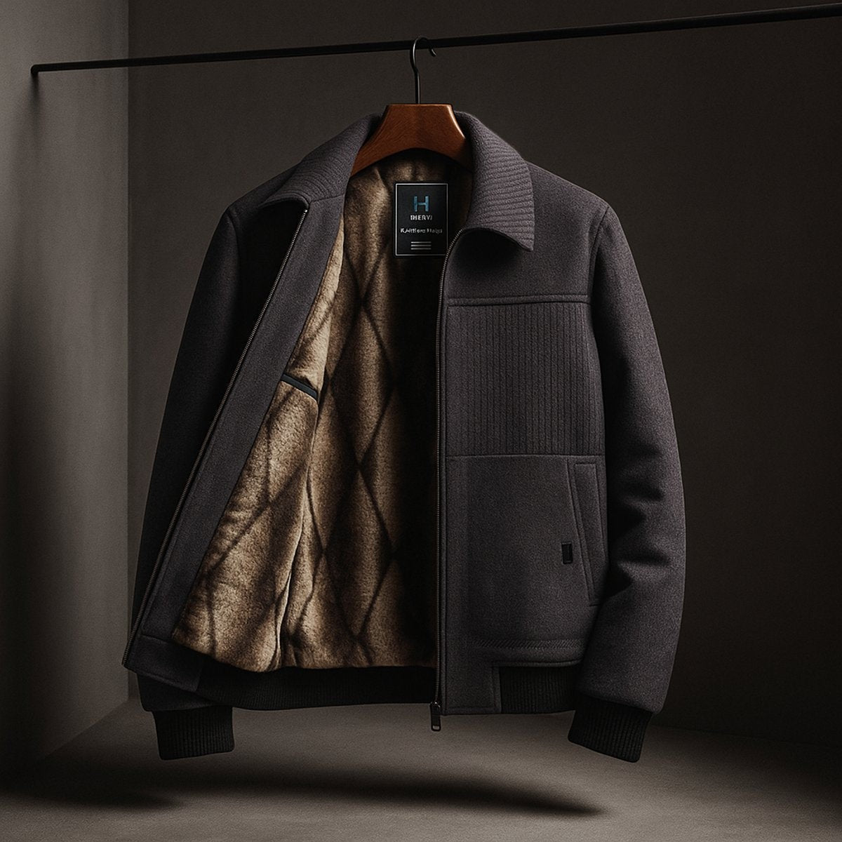 Charcoal grey fleece-lined bomber jacket featuring ribbed collar and knitted cuffs