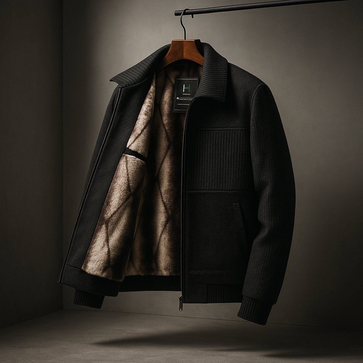 Black zip-up bomber jacket with ribbed trims and cosy faux-fur inner lining