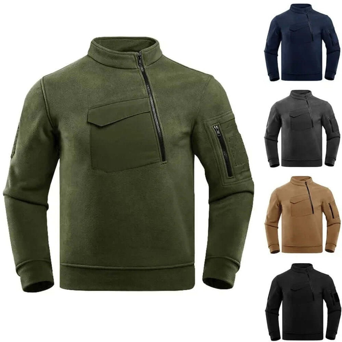 Tactical fleece jacket shown in olive, navy, grey, khaki and black shades