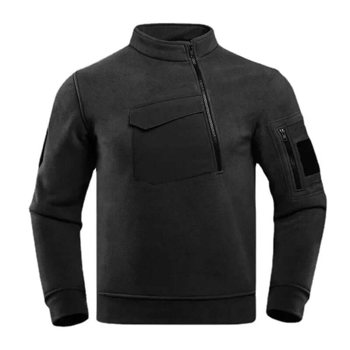 Black tactical quarter-zip fleece jacket with zipped sleeve pocket