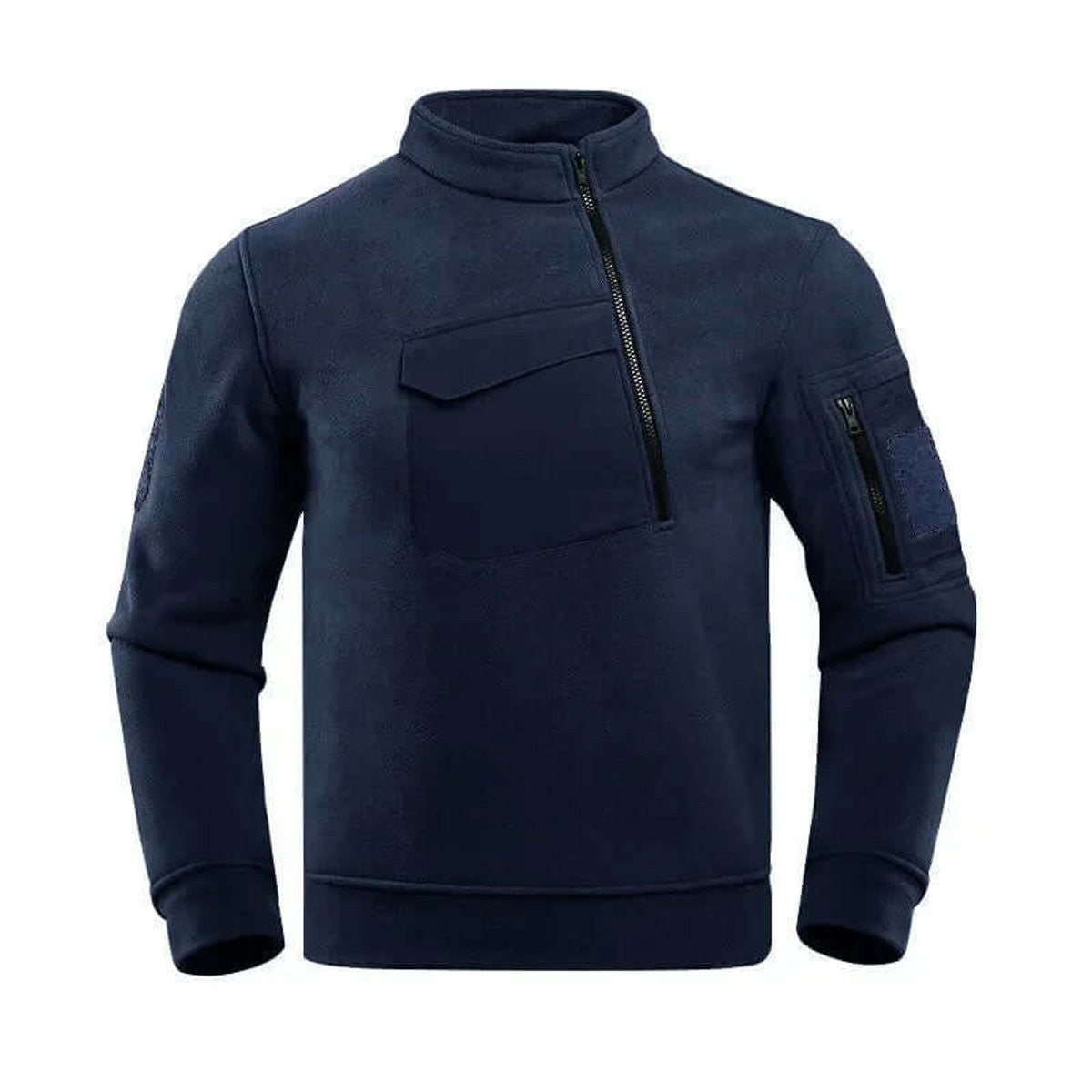 Navy tactical fleece jacket featuring stand collar and chest flap pocket