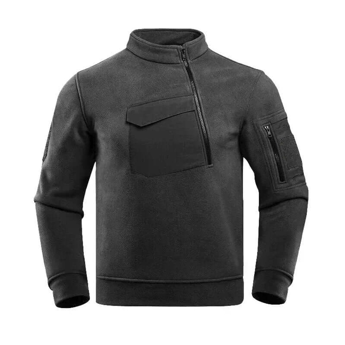 Charcoal grey quarter-zip fleece jacket with tactical sleeve pocket