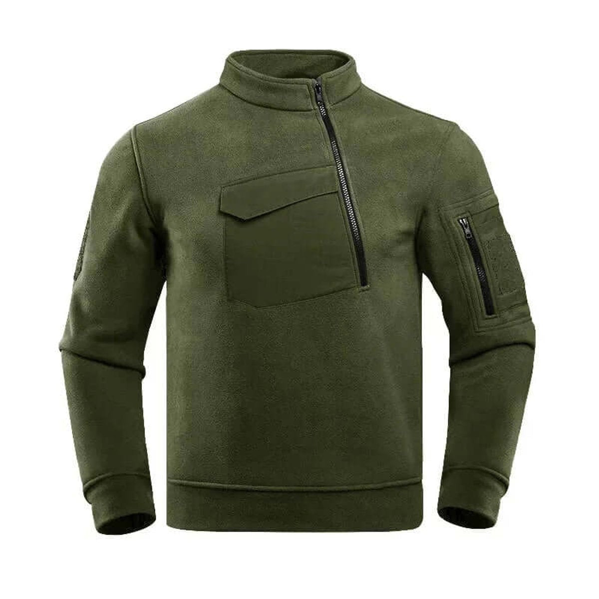 Olive green tactical fleece pullover with zipped chest and arm pockets